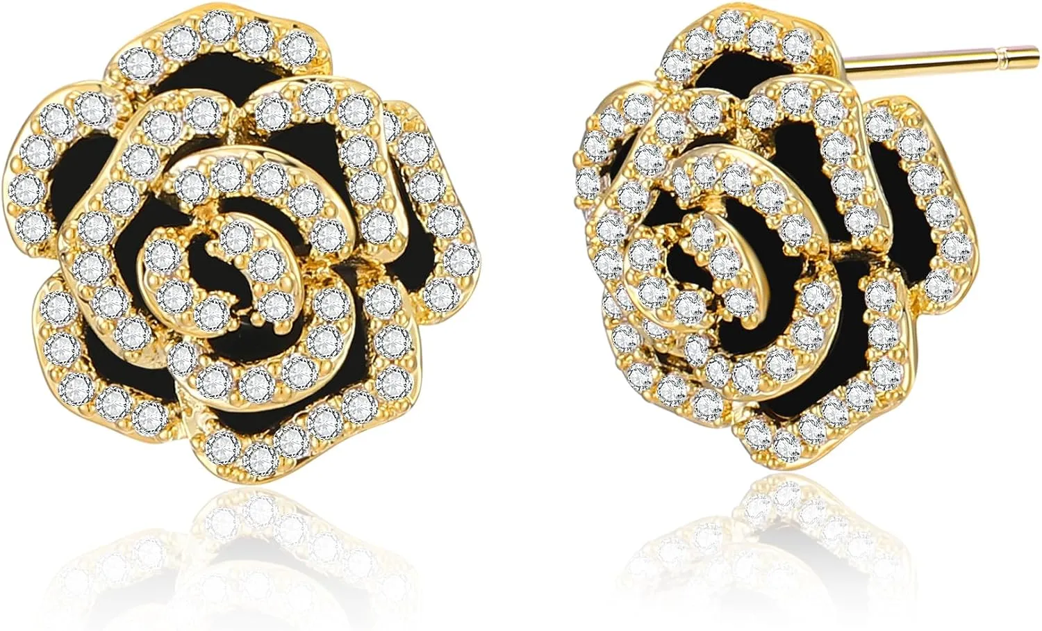Flower Earrings Cubic Zirconia - Gold Hoop Stud Earring Trendy 18K Gold Plated - Lightweight Hypoallergenic Jewelry for Women (Black Flower 3)