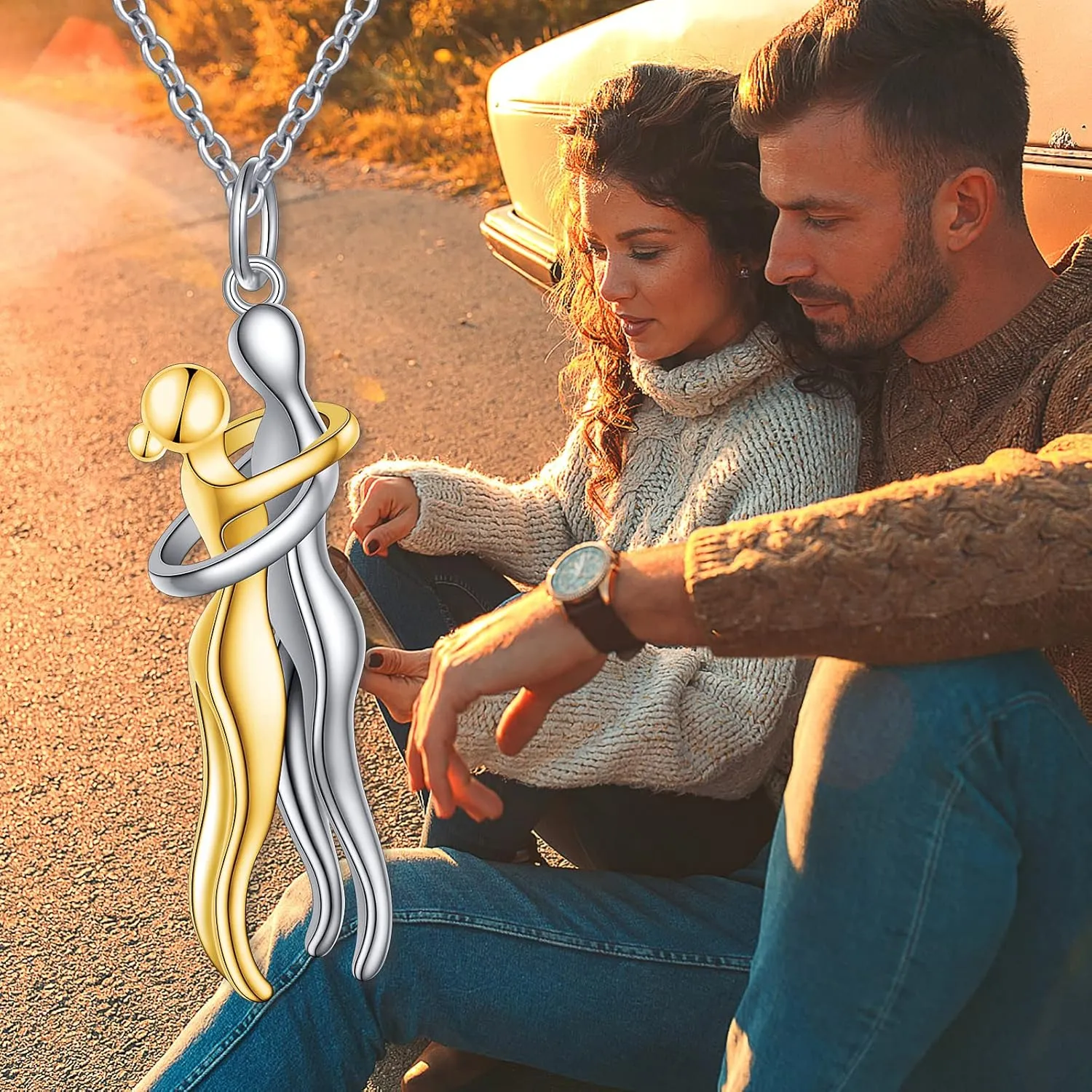 FLYOW Hug Couple Necklace S925 Sterling Silver Hugging Necklace Anniversary Jewelry for Him and Her,Lover Valentines day gift
