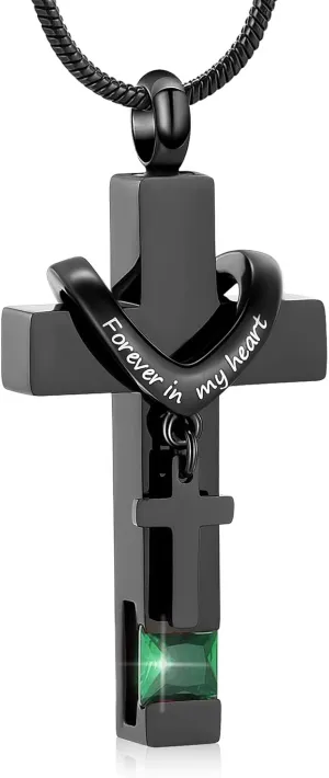 Forever in My Heart Birthstone Personalized Double Cross Urn Pendant Cremation Jewelry for Ashes Cross Ashes Keepsake