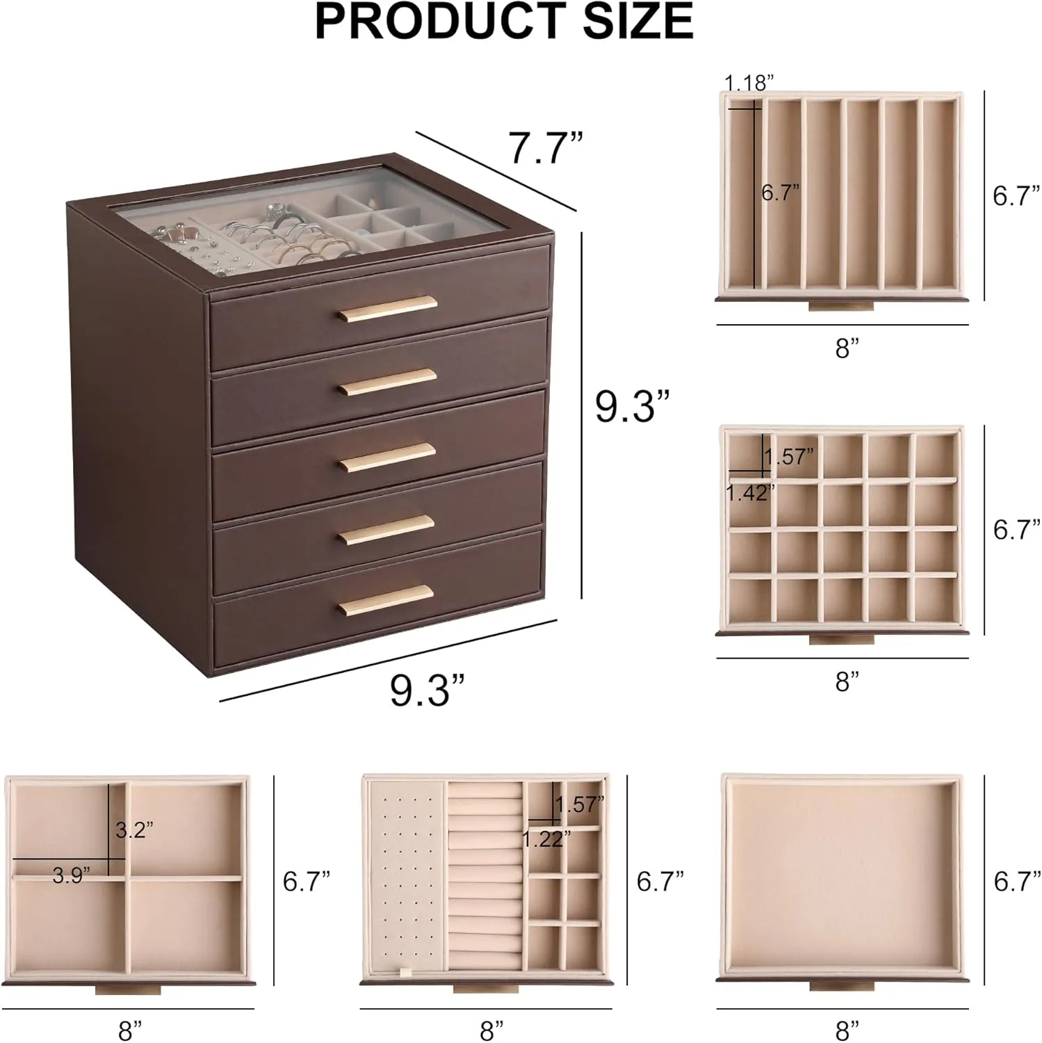 Frebeauty Clear Lid Jewelry Box,5-Layer Jewelry Organizer with Drawer,PU Leather Jewelry Organizers and Storage,Jewelry Boxes for Women,Jewelry Storage for Ring Earring Stud,Gift for Women(Dark Brown)