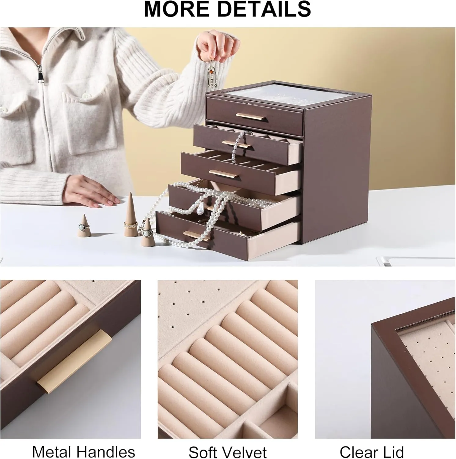 Frebeauty Clear Lid Jewelry Box,5-Layer Jewelry Organizer with Drawer,PU Leather Jewelry Organizers and Storage,Jewelry Boxes for Women,Jewelry Storage for Ring Earring Stud,Gift for Women(Dark Brown)