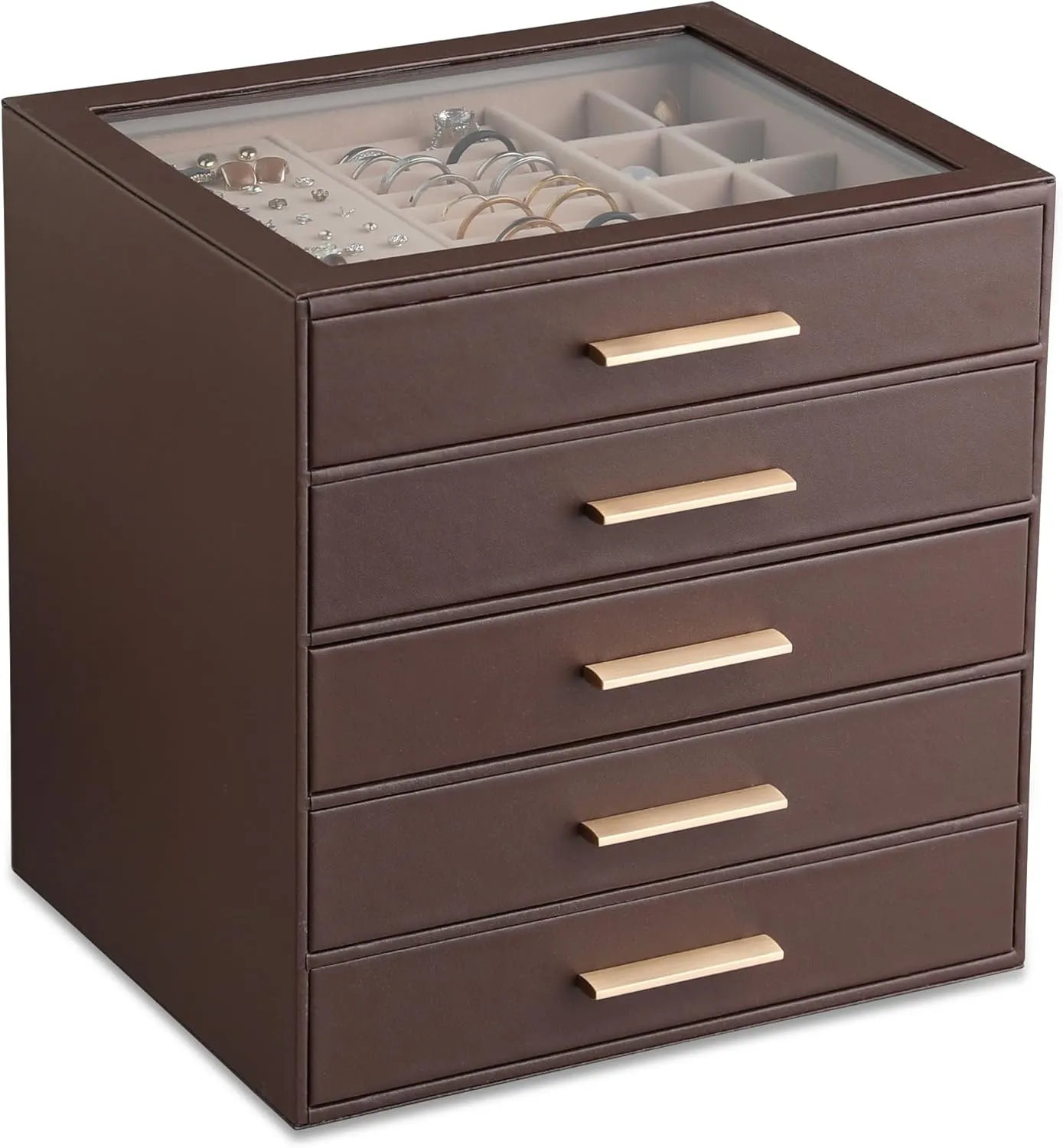 Frebeauty Clear Lid Jewelry Box,5-Layer Jewelry Organizer with Drawer,PU Leather Jewelry Organizers and Storage,Jewelry Boxes for Women,Jewelry Storage for Ring Earring Stud,Gift for Women(Dark Brown)