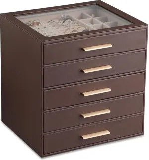 Frebeauty Clear Lid Jewelry Box,5-Layer Jewelry Organizer with Drawer,PU Leather Jewelry Organizers and Storage,Jewelry Boxes for Women,Jewelry Storage for Ring Earring Stud,Gift for Women(Dark Brown)