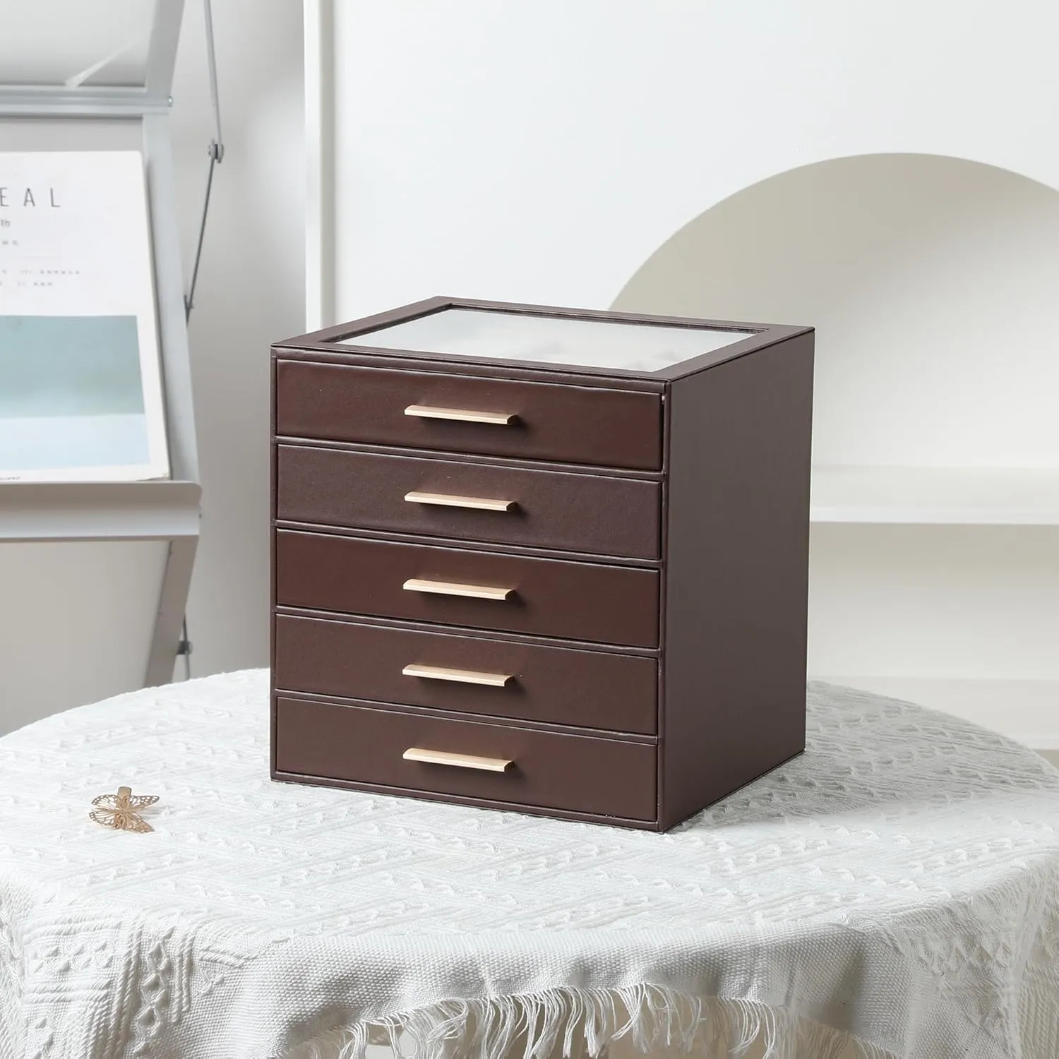 Frebeauty Clear Lid Jewelry Box,5-Layer Jewelry Organizer with Drawer,PU Leather Jewelry Organizers and Storage,Jewelry Boxes for Women,Jewelry Storage for Ring Earring Stud,Gift for Women(Dark Brown)