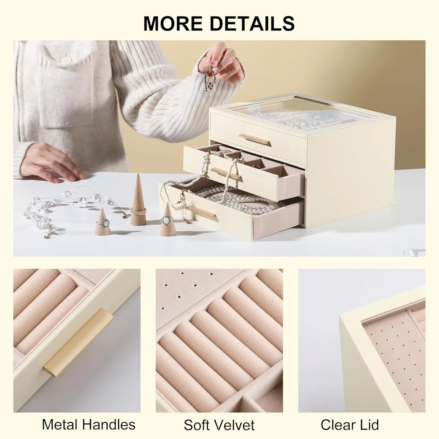 Frebeauty Jewelry Box with Clear Lid,Jewelry Organizer with 3 Drawer,PU Jewelry Organizers and Storage,Jewelry Boxes for Women,Earring Holder Organizer,Jewelry Storage(Beige)