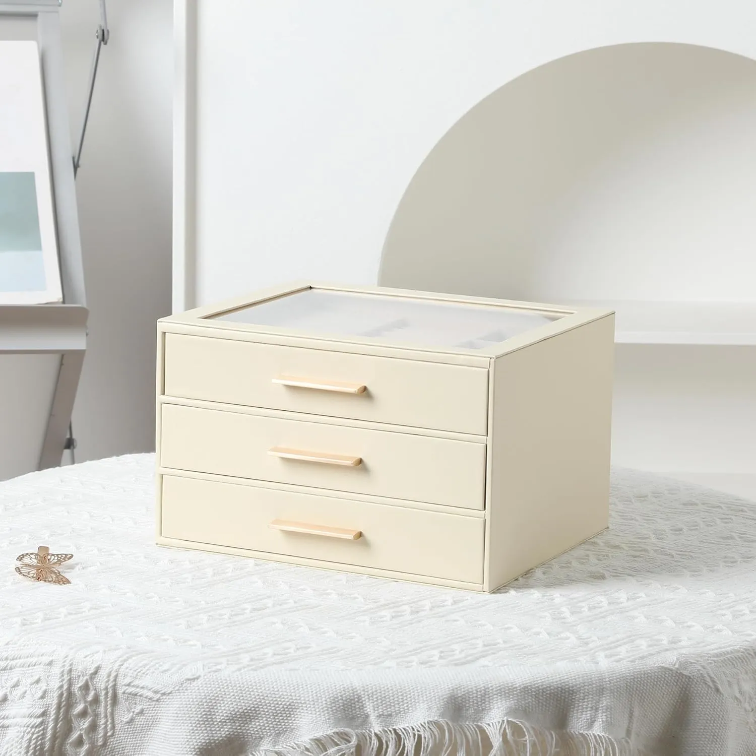 Frebeauty Jewelry Box with Clear Lid,Jewelry Organizer with 3 Drawer,PU Jewelry Organizers and Storage,Jewelry Boxes for Women,Earring Holder Organizer,Jewelry Storage(Beige)