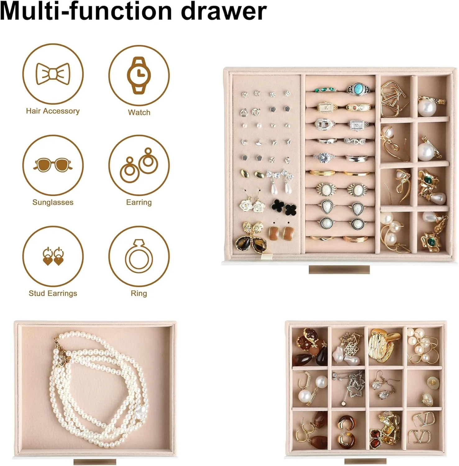Frebeauty Jewelry Box with Clear Lid,Jewelry Organizer with 3 Drawer,PU Jewelry Organizers and Storage,Jewelry Boxes for Women,Earring Holder Organizer,Jewelry Storage(Beige)