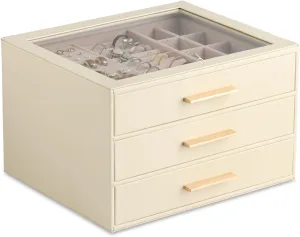 Frebeauty Jewelry Box with Clear Lid,Jewelry Organizer with 3 Drawer,PU Jewelry Organizers and Storage,Jewelry Boxes for Women,Earring Holder Organizer,Jewelry Storage(Beige)