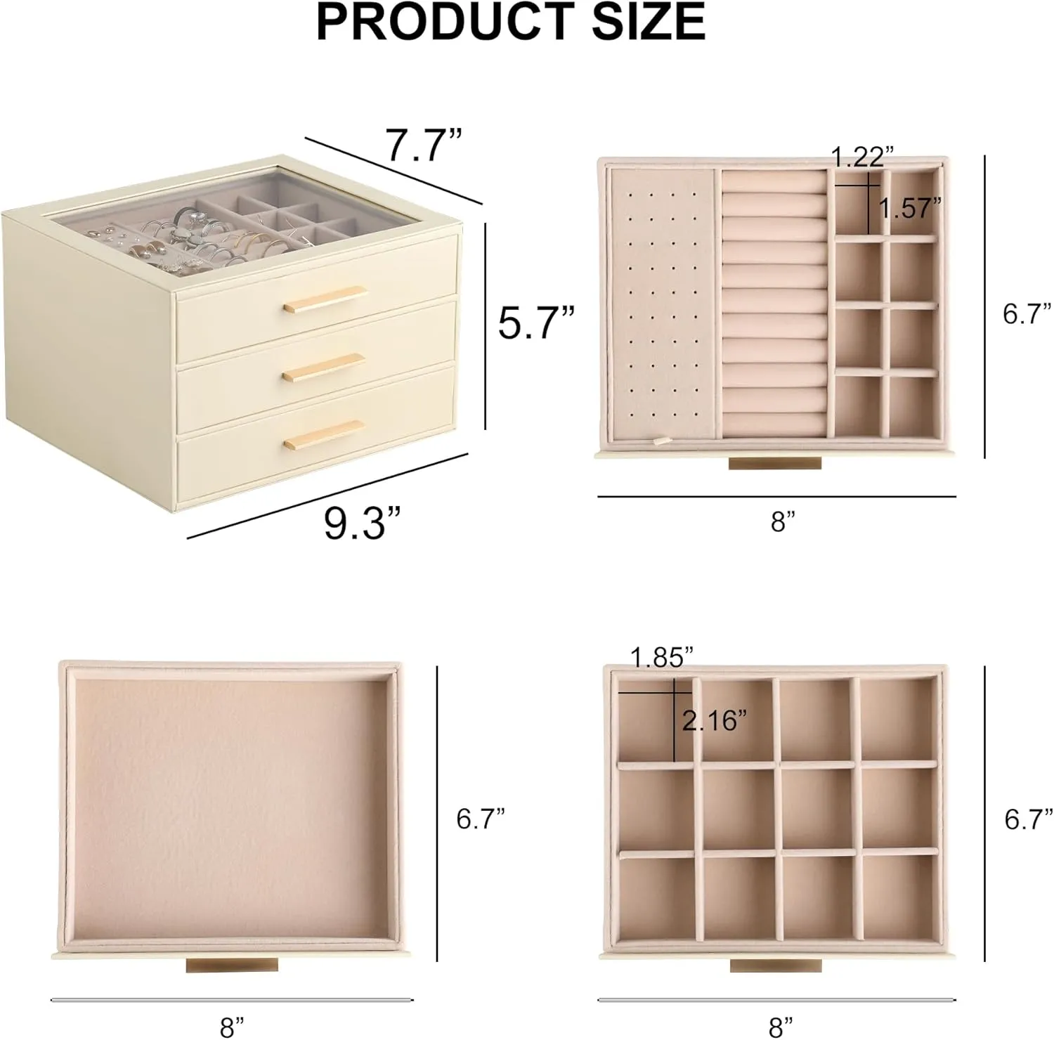Frebeauty Jewelry Box with Clear Lid,Jewelry Organizer with 3 Drawer,PU Jewelry Organizers and Storage,Jewelry Boxes for Women,Earring Holder Organizer,Jewelry Storage(Beige)
