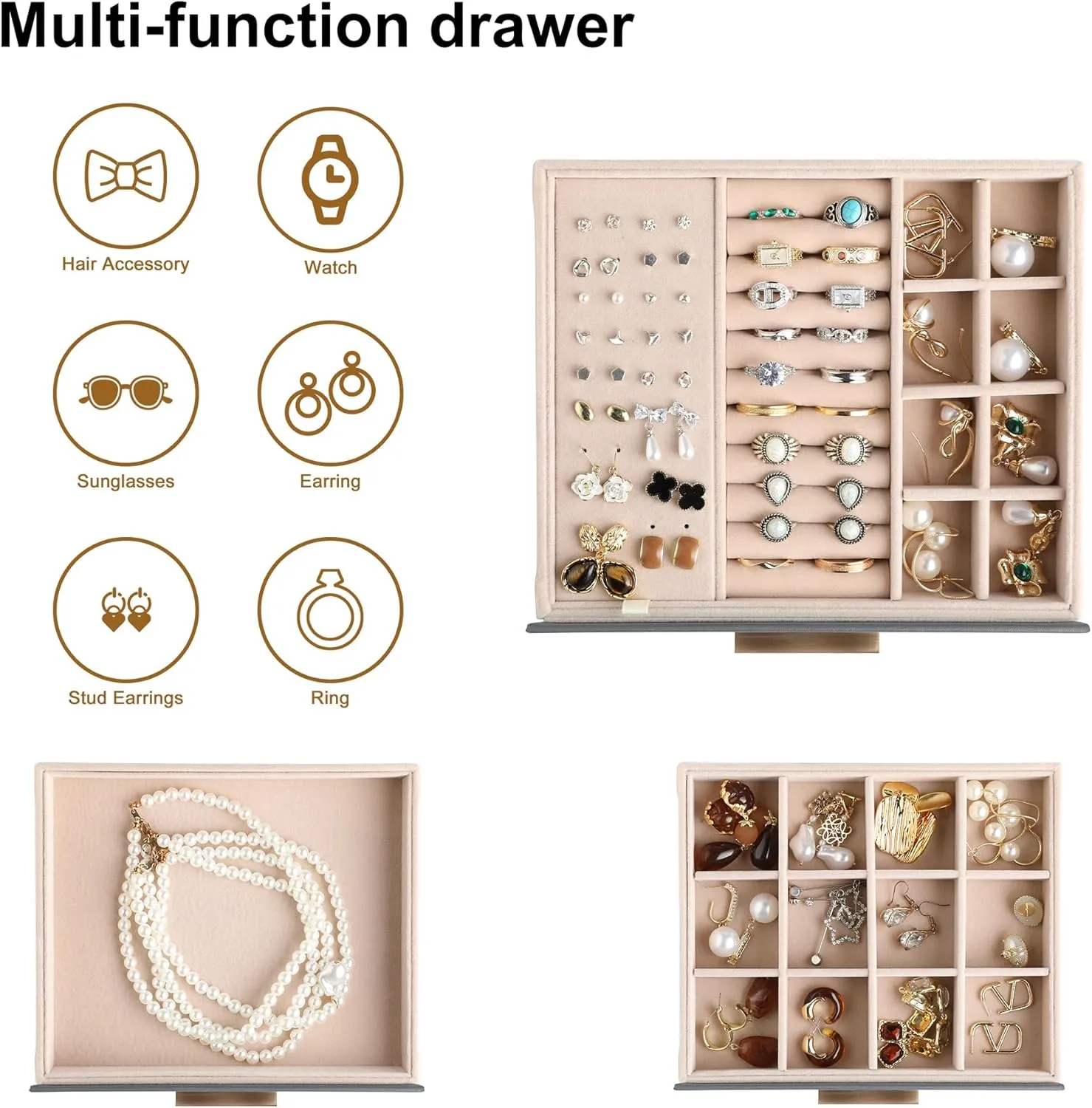 Frebeauty Jewelry Box with Clear Lid,Jewelry Organizer with 3 Drawer,PU Jewelry Organizers and Storage,Jewelry Boxes for Women,Earring Holder Organizer,Jewelry Storage(Grey)