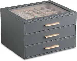 Frebeauty Jewelry Box with Clear Lid,Jewelry Organizer with 3 Drawer,PU Jewelry Organizers and Storage,Jewelry Boxes for Women,Earring Holder Organizer,Jewelry Storage(Grey)