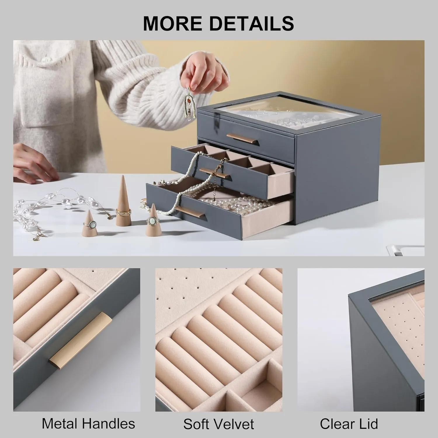 Frebeauty Jewelry Box with Clear Lid,Jewelry Organizer with 3 Drawer,PU Jewelry Organizers and Storage,Jewelry Boxes for Women,Earring Holder Organizer,Jewelry Storage(Grey)