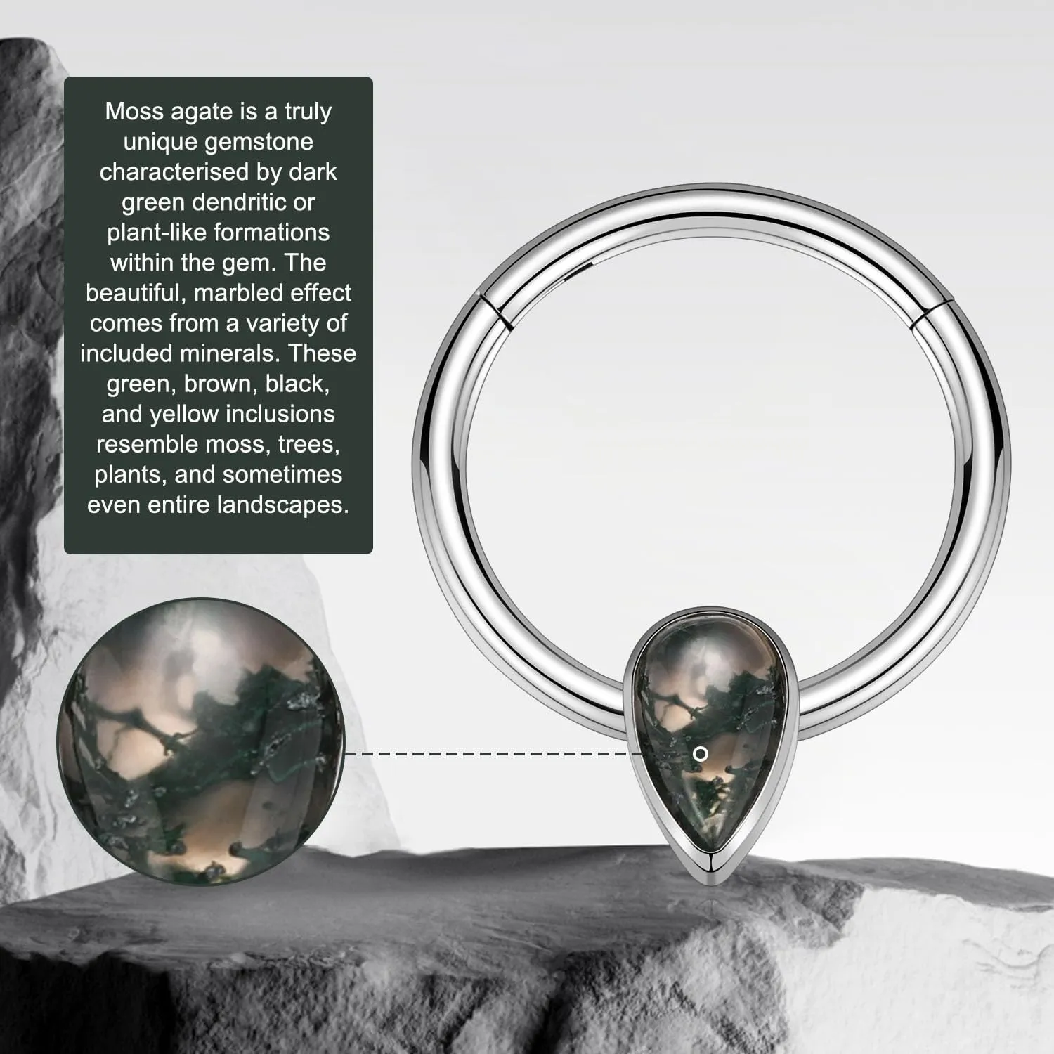 FUNLMO Septum Ring Nose Ring Hoop Daith Piercing Jewelry 316L Surgical Steel Tragus Helix Rook Piercing Jewelry Agate Cartilage Earrings for Women Men