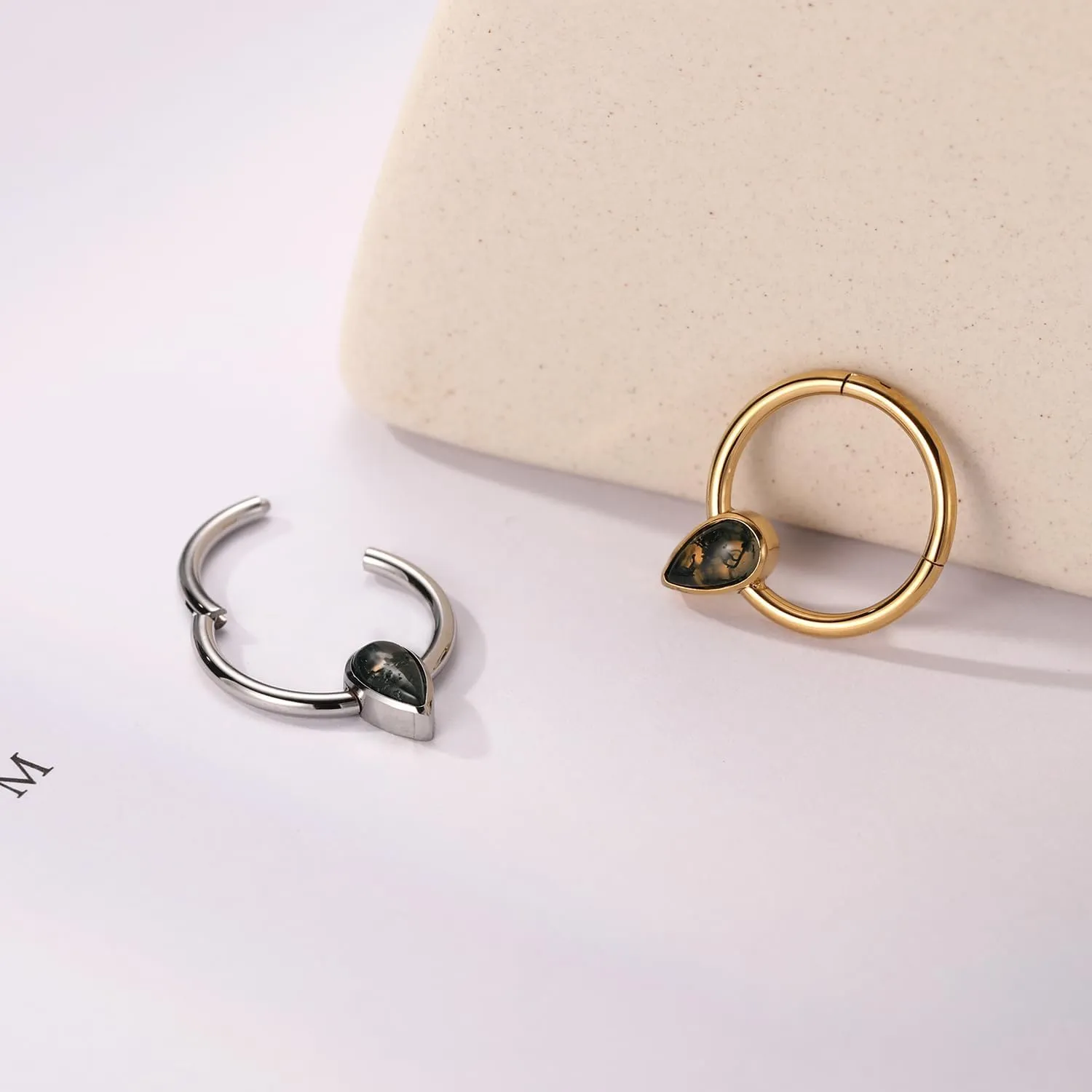 FUNLMO Septum Ring Nose Ring Hoop Daith Piercing Jewelry 316L Surgical Steel Tragus Helix Rook Piercing Jewelry Agate Cartilage Earrings for Women Men