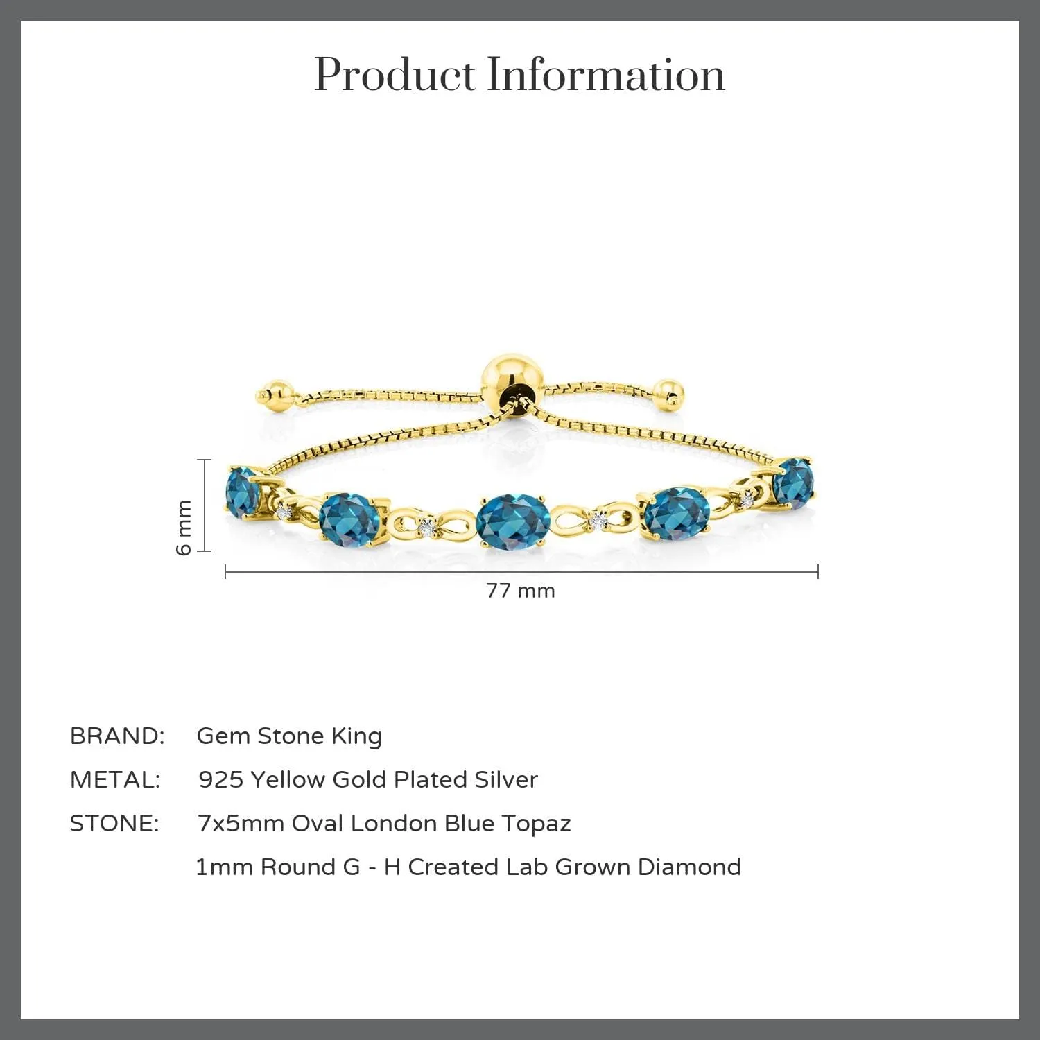 Gem Stone King 7X5MM Oval Cut Gemstone Birthstone and Accent Lab Grown Diamond Tennis Bracelet For Women In 18K Yellow Gold Plated Silver | Adjustable Bolo Bracelet For Women | Easy-On Easy-Off