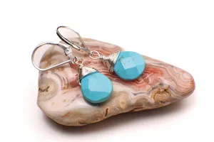 Genuine Blue Arizona Turquoise Sleeping Beauty Tear Drop Wire Wrapped Handmade Earrings, 925 Sterling Silver Leverback Earrings