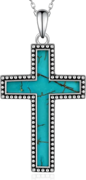 Genuine Turquoise Cross Necklace 925 Sterling Silver Turquoise Necklace Vintage Western Religious Cross Turquoise Jewelry for Women