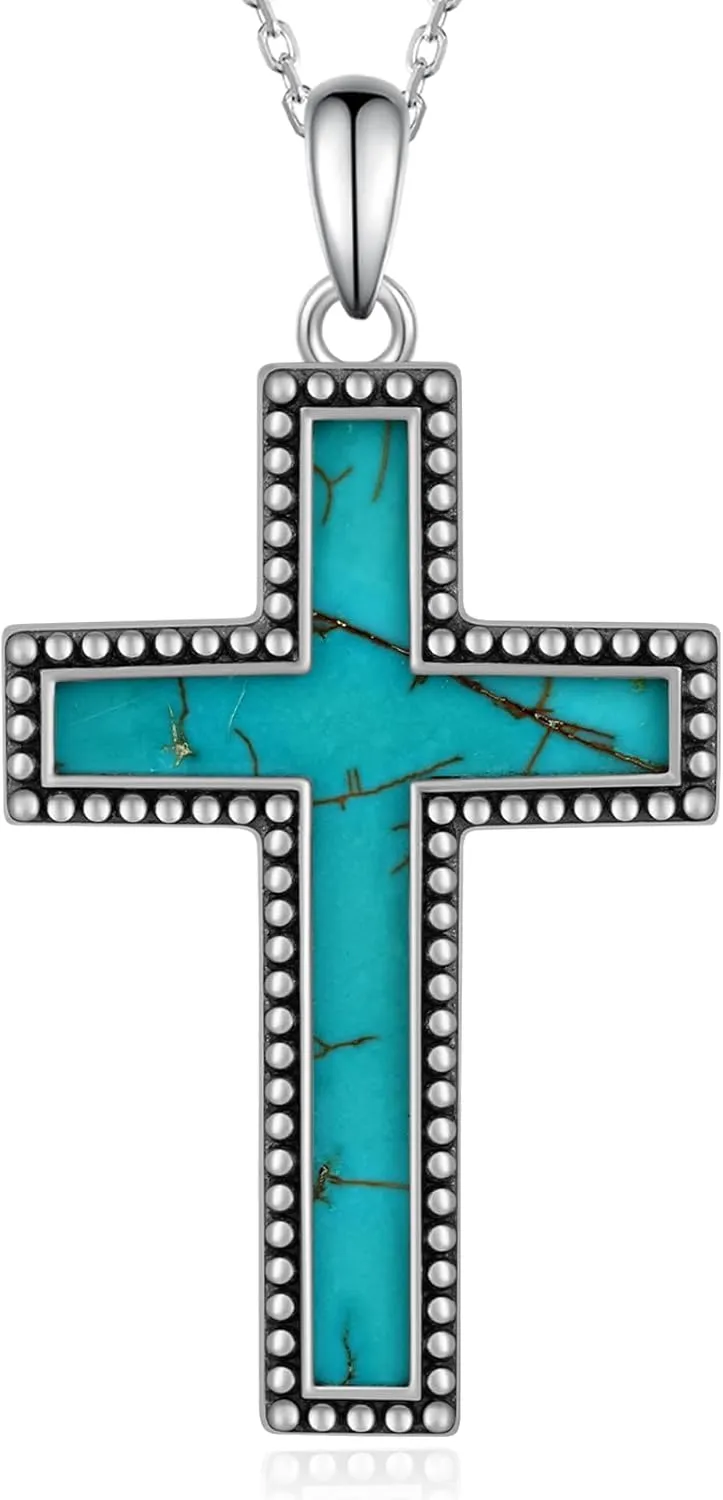 Genuine Turquoise Cross Necklace 925 Sterling Silver Turquoise Necklace Vintage Western Religious Cross Turquoise Jewelry for Women