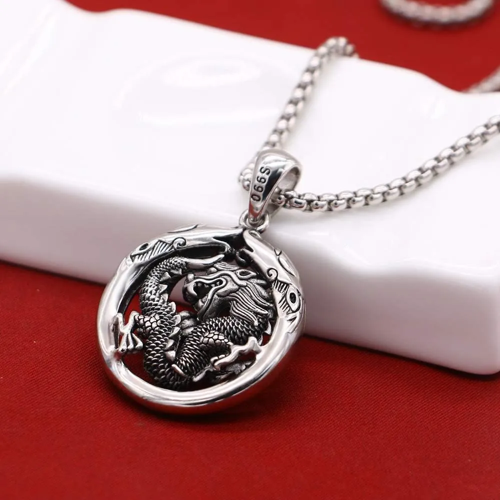 Gift Men's 100% 925 Sterling Silver Dragon Circle Pendant Necklace 18-28 Inches Solid Silver Chain Fashion Fine Jewelry- Italy