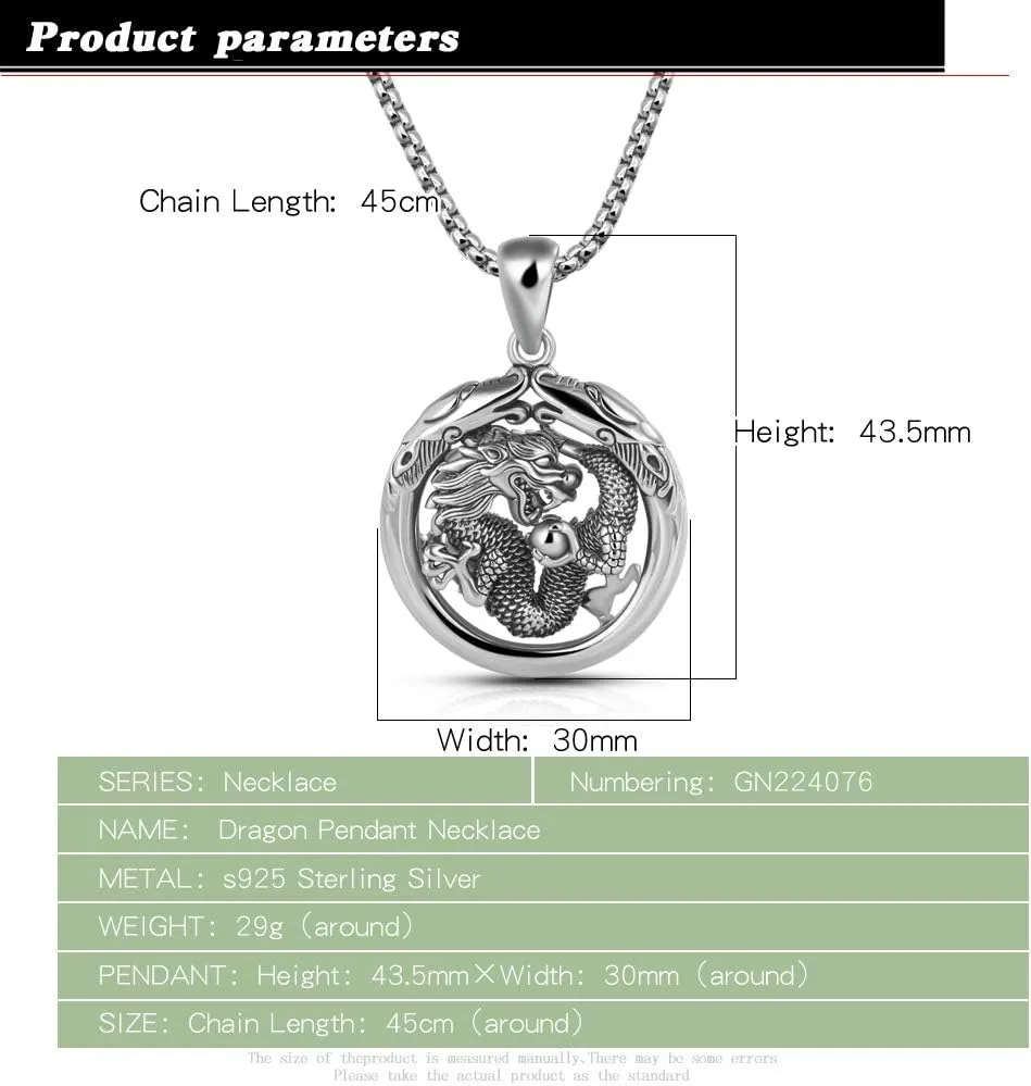 Gift Men's 100% 925 Sterling Silver Dragon Circle Pendant Necklace 18-28 Inches Solid Silver Chain Fashion Fine Jewelry- Italy