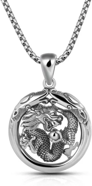 Gift Men's 100% 925 Sterling Silver Dragon Circle Pendant Necklace 18-28 Inches Solid Silver Chain Fashion Fine Jewelry- Italy