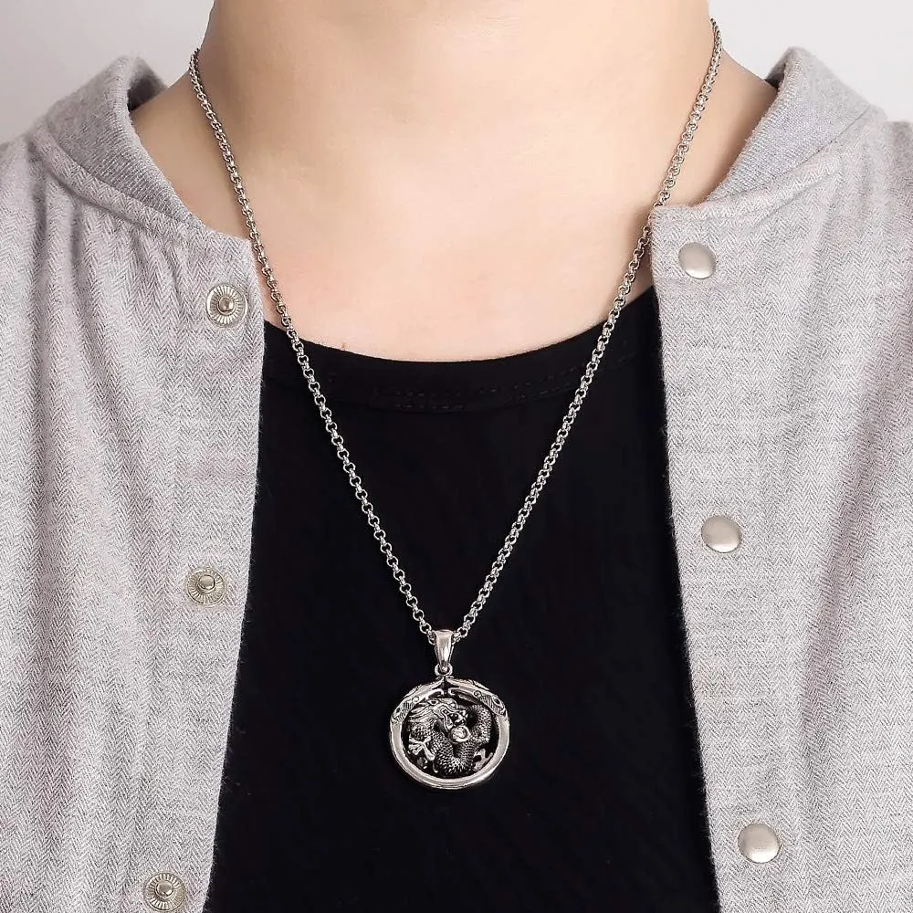Gift Men's 100% 925 Sterling Silver Dragon Circle Pendant Necklace 18-28 Inches Solid Silver Chain Fashion Fine Jewelry- Italy