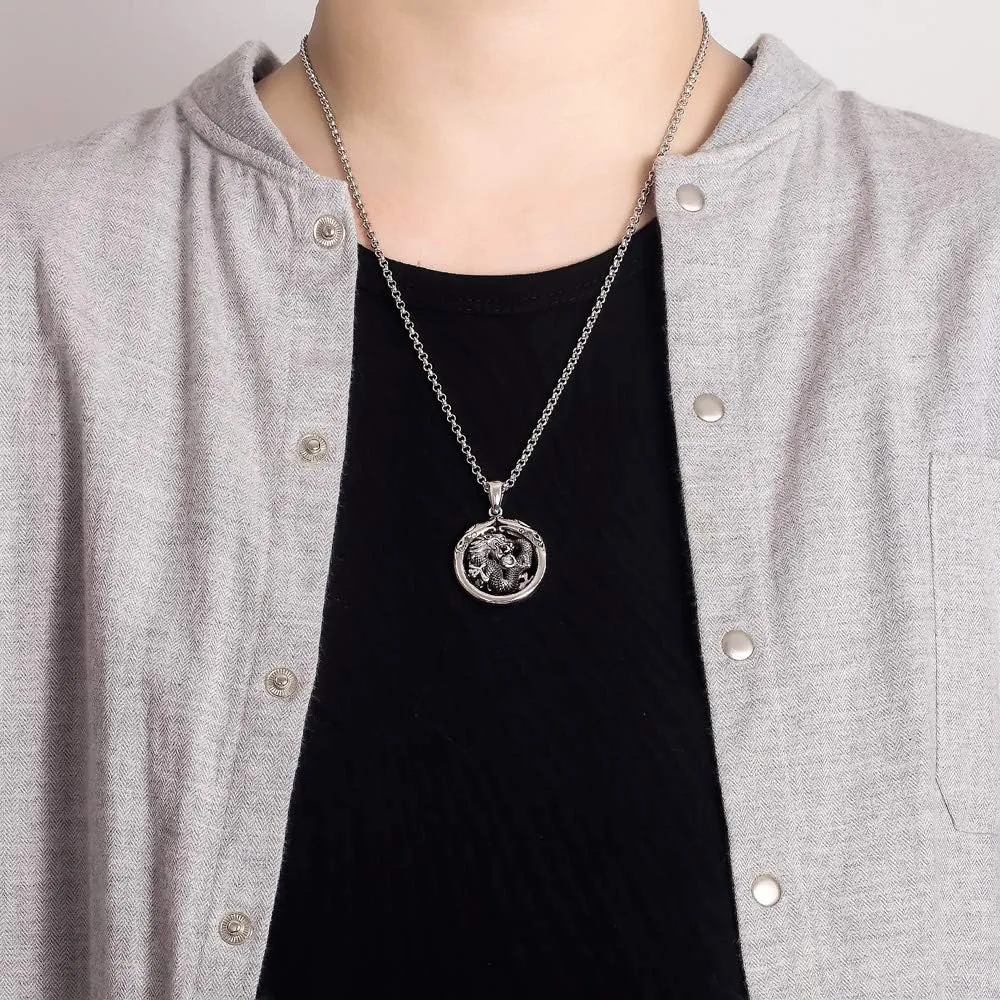 Gift Men's 100% 925 Sterling Silver Dragon Circle Pendant Necklace 18-28 Inches Solid Silver Chain Fashion Fine Jewelry- Italy