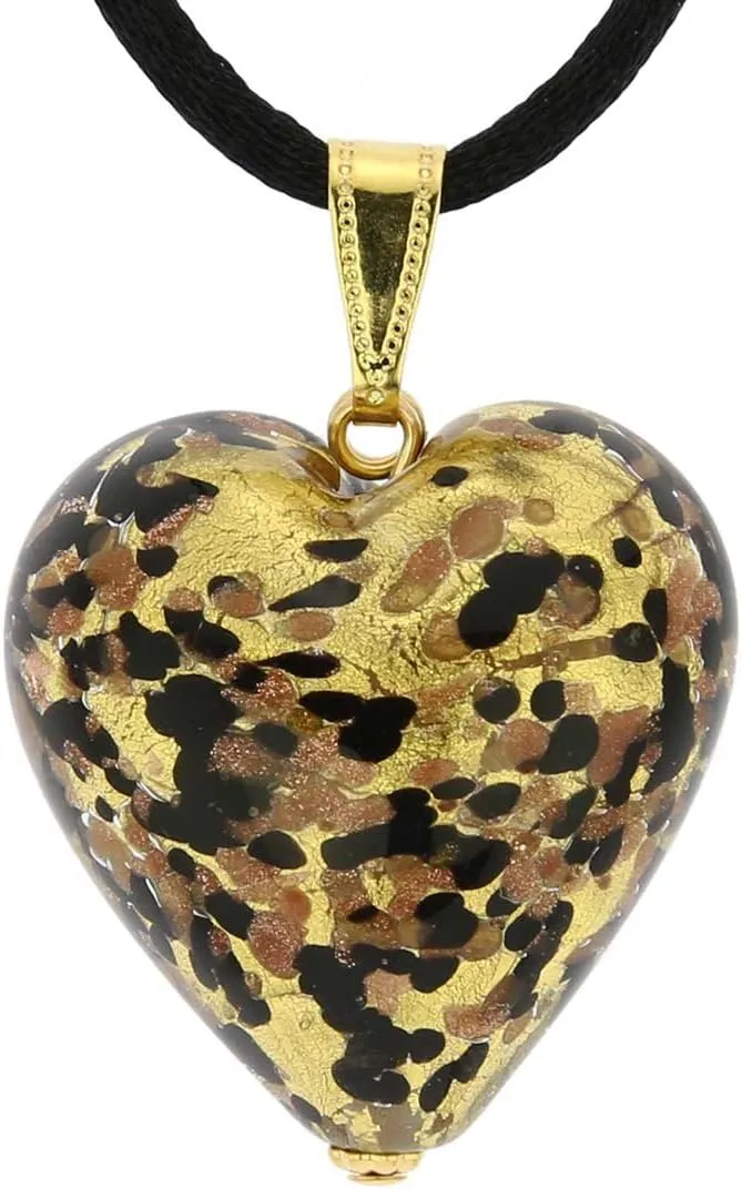 Glass Of Venice Murano Glass Heart Pendant - Black Gold Confetti