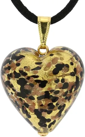 Glass Of Venice Murano Glass Heart Pendant - Black Gold Confetti