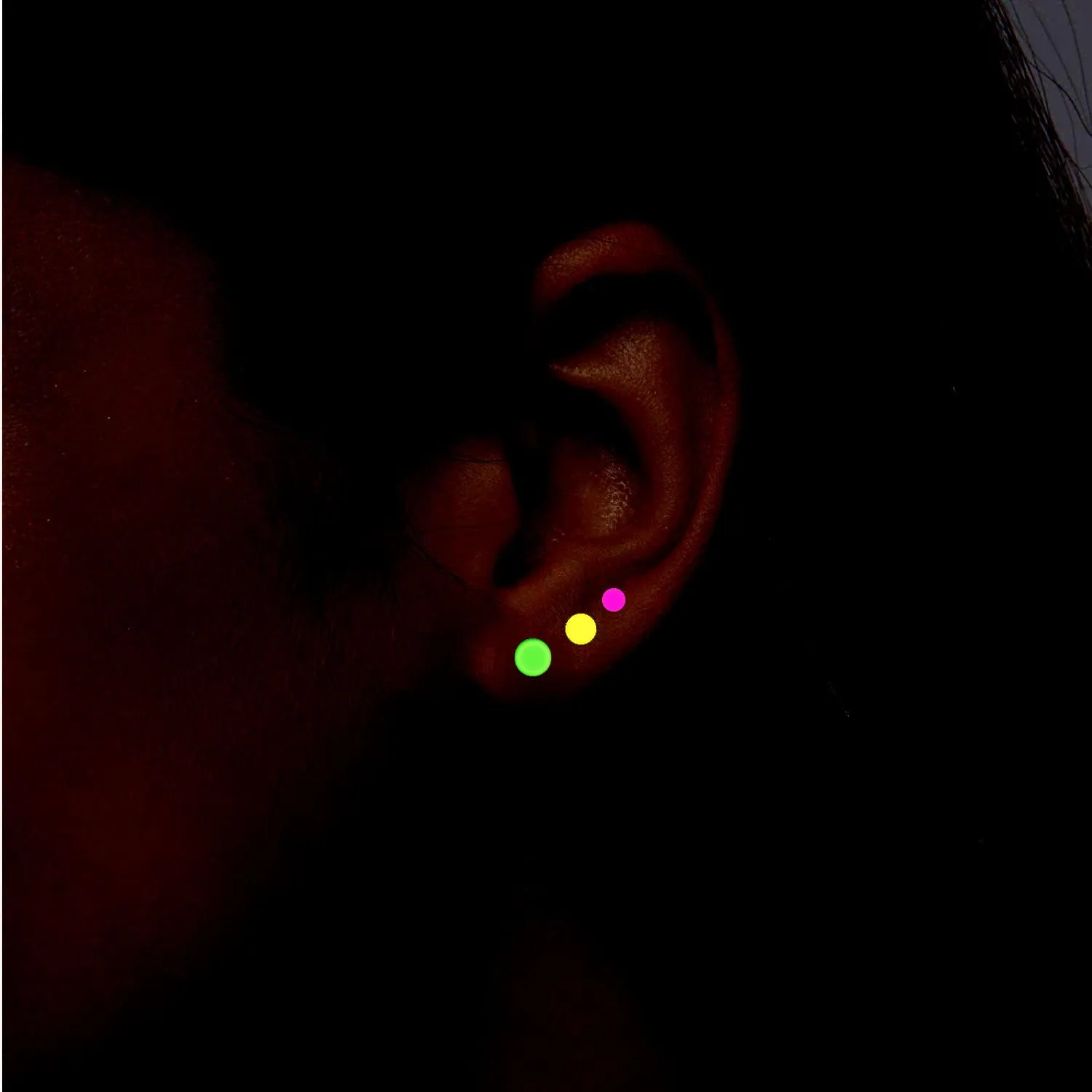 Glow in the Dark 3 Pair Set Stainless Steel Stud Earrings for Women, Teens and Girls, Hypoallergenic Post Earrings, Elesea Jewelry - Handmade in Italy (Green, Yellow, Pink, 8.)