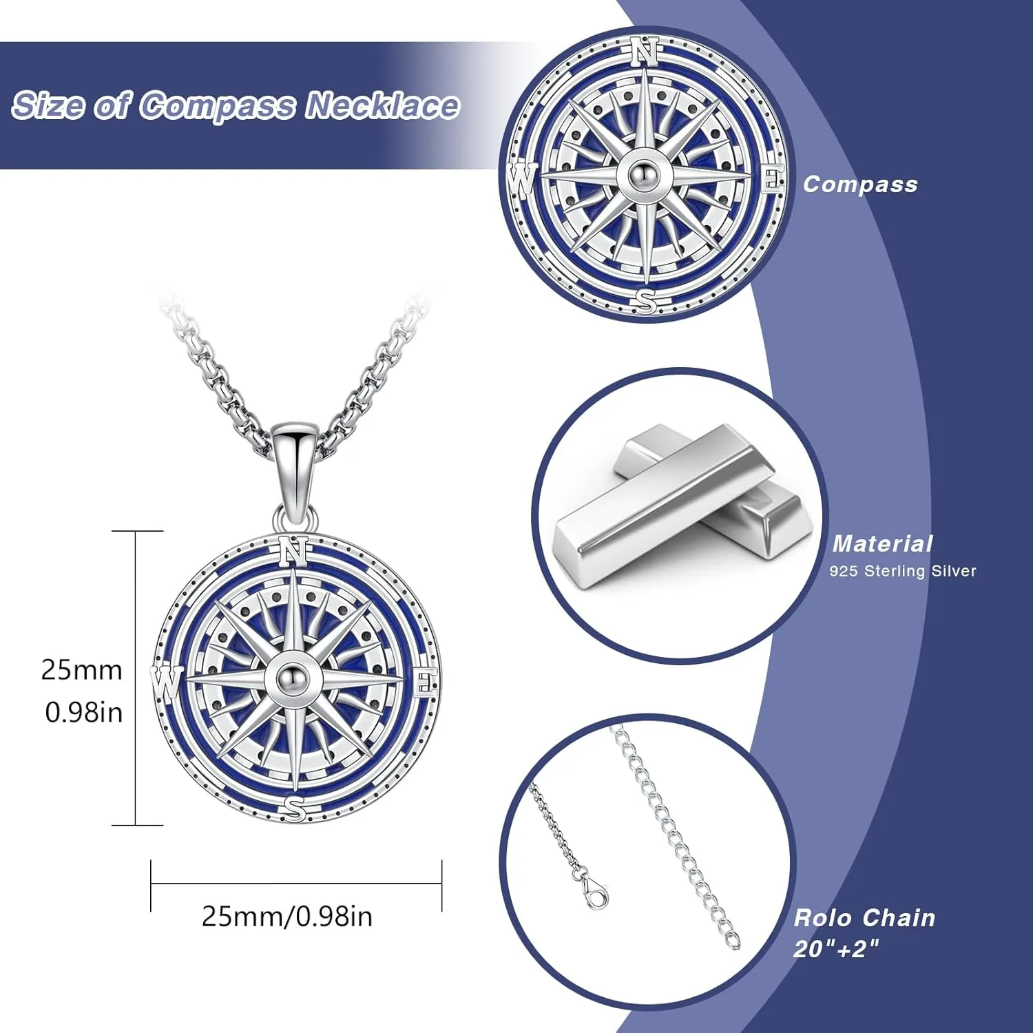 Go in the Direction of Your Dream Compass Necklace 925 Sterling Silver Compass Medallion Enamel Inspiration Nautical Compass Jewelry for Women Men