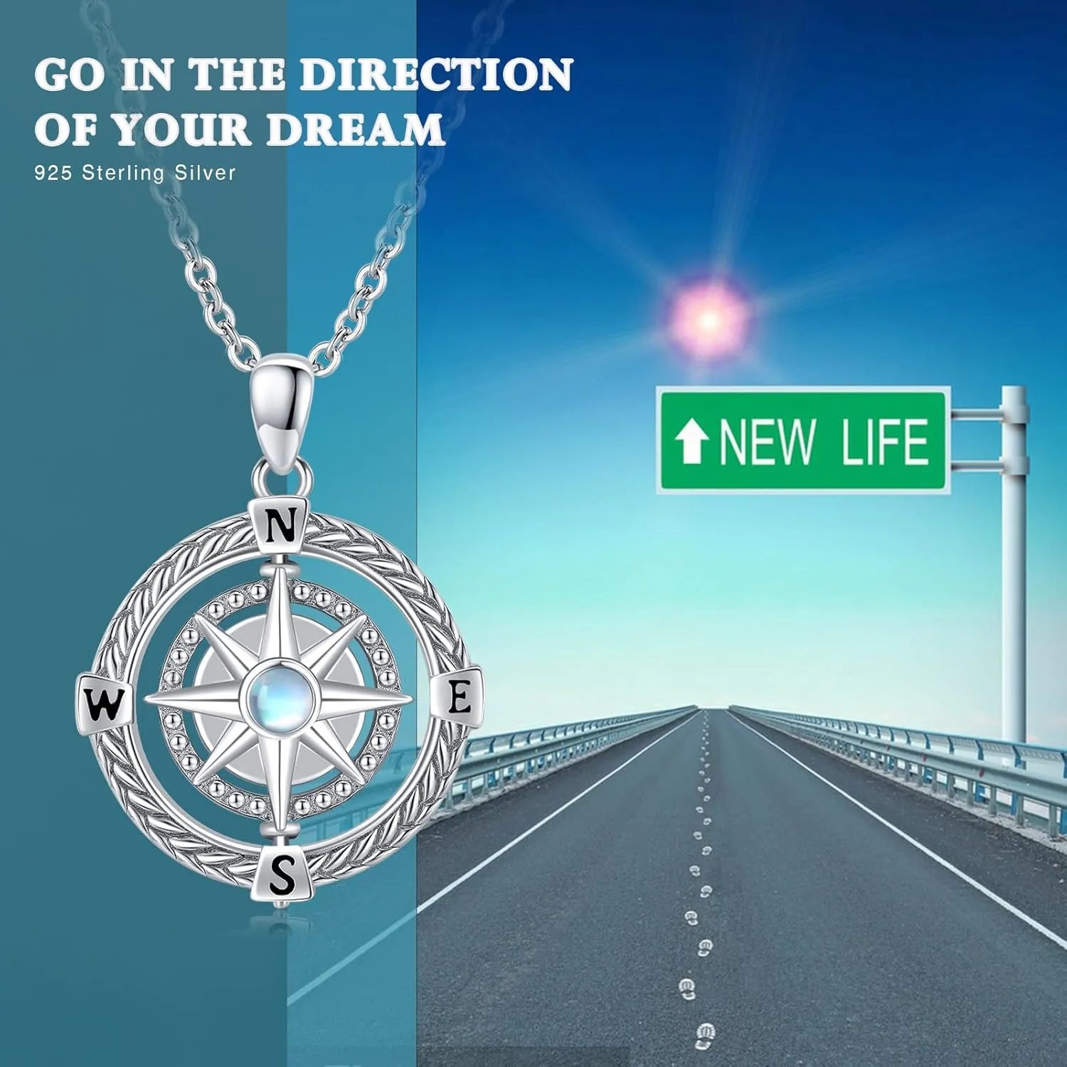 Go in the Direction of Your Dream Compass Necklace Irish Celtic Knot Round Medallion Compass Pendant for Women 925 Sterling Silver Moonstone Graduation Birthday Jewelry 18" 2"