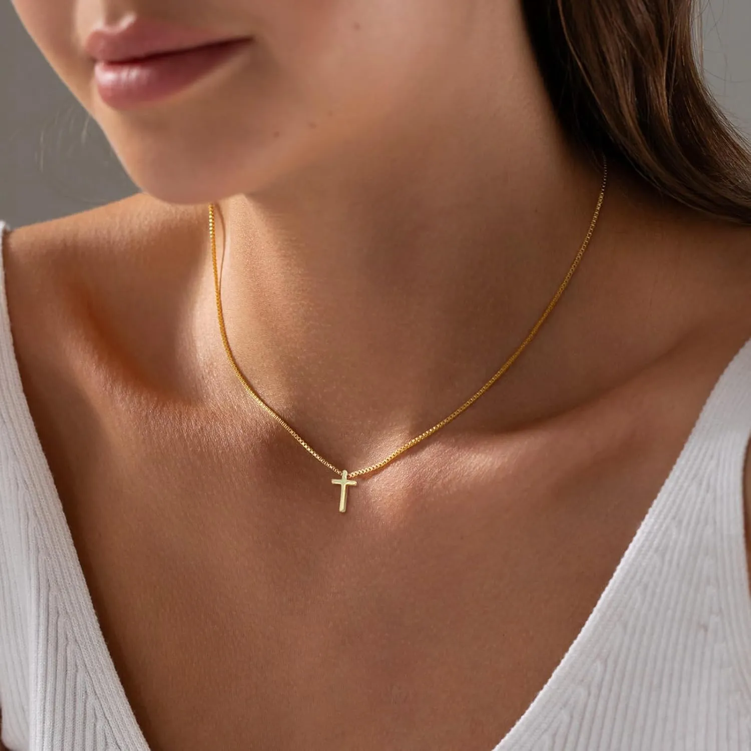 Gold Cross Necklace for Women, Trendy 14K Gold Plated Charm Box Chain Choker Dainty, Christian Religious Faith Small Cross Pendant Necklace Non Tarnish