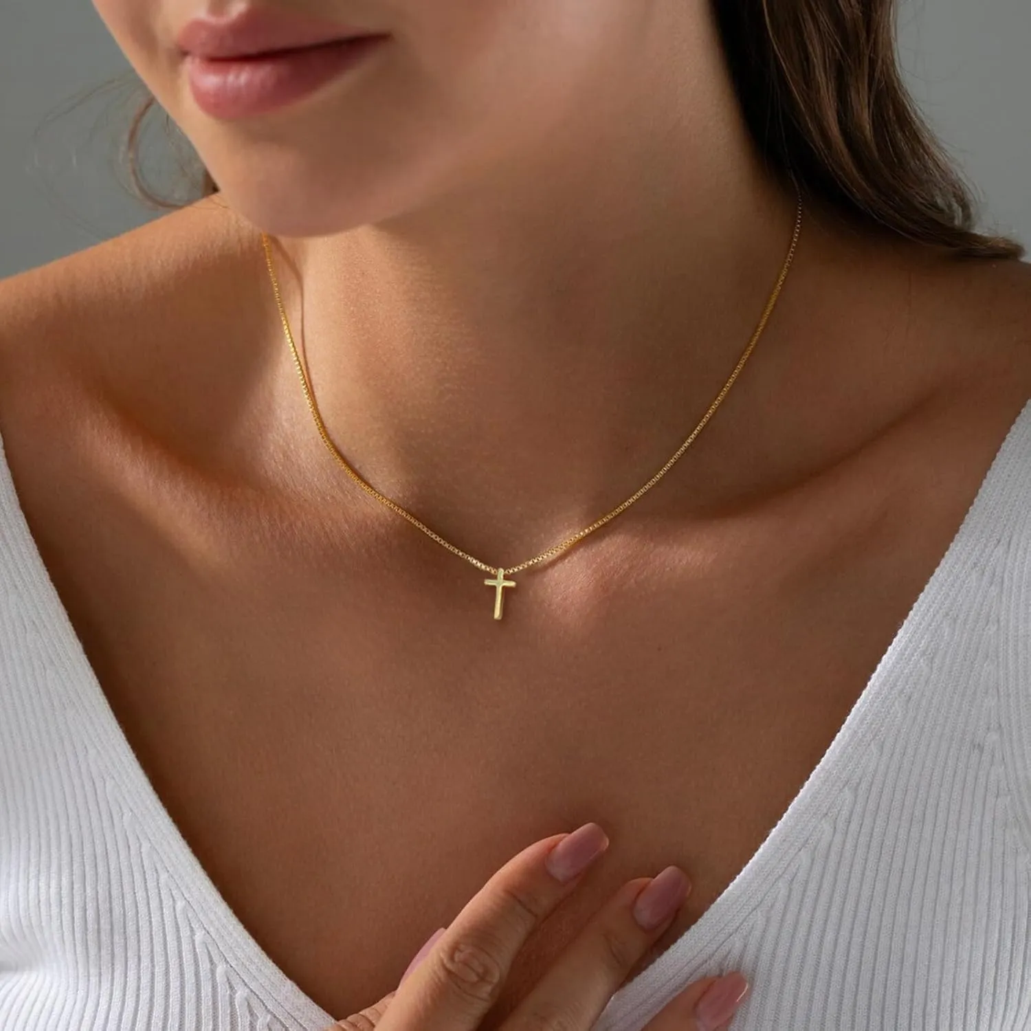 Gold Cross Necklace for Women, Trendy 14K Gold Plated Charm Box Chain Choker Dainty, Christian Religious Faith Small Cross Pendant Necklace Non Tarnish