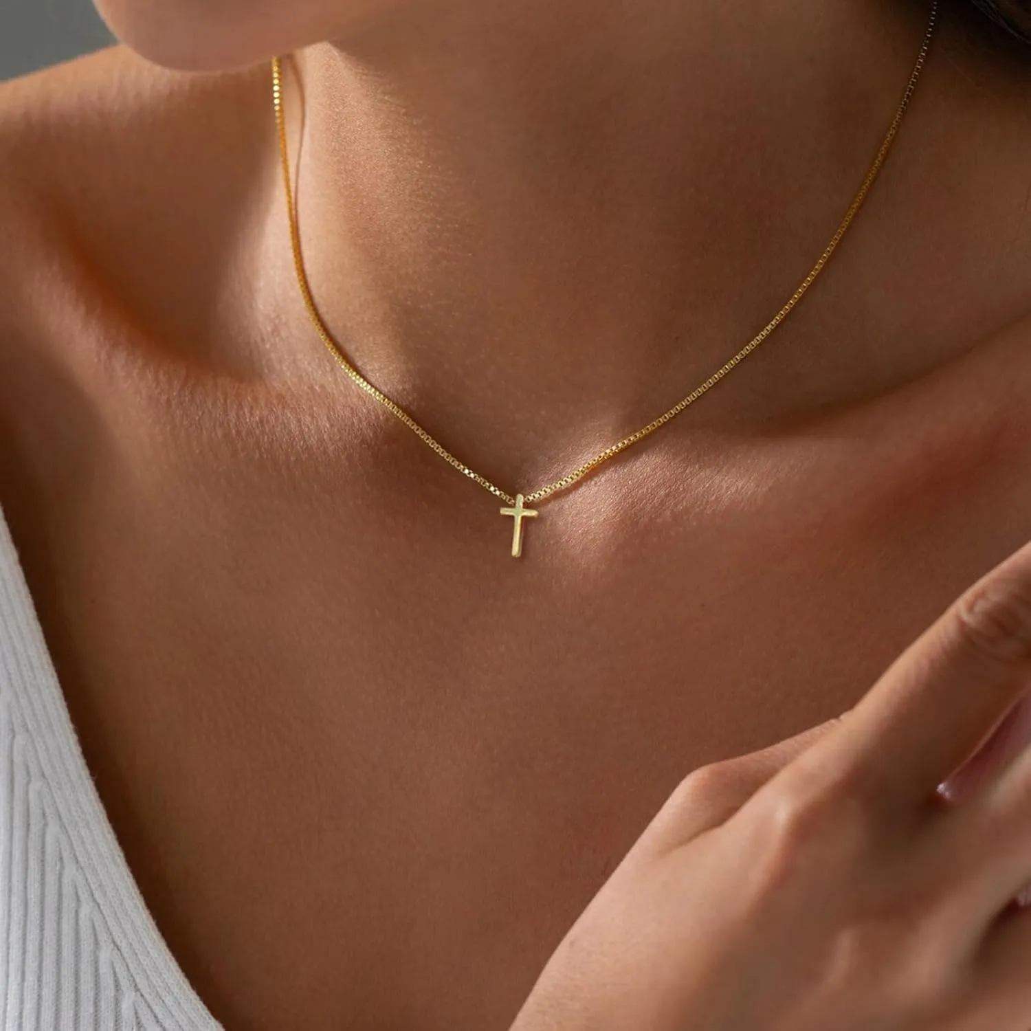Gold Cross Necklace for Women, Trendy 14K Gold Plated Charm Box Chain Choker Dainty, Christian Religious Faith Small Cross Pendant Necklace Non Tarnish