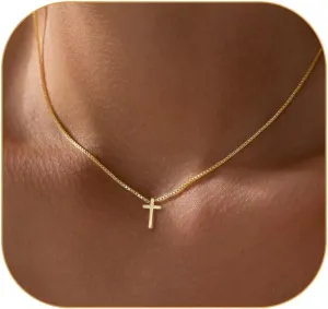 Gold Cross Necklace for Women, Trendy 14K Gold Plated Charm Box Chain Choker Dainty, Christian Religious Faith Small Cross Pendant Necklace Non Tarnish