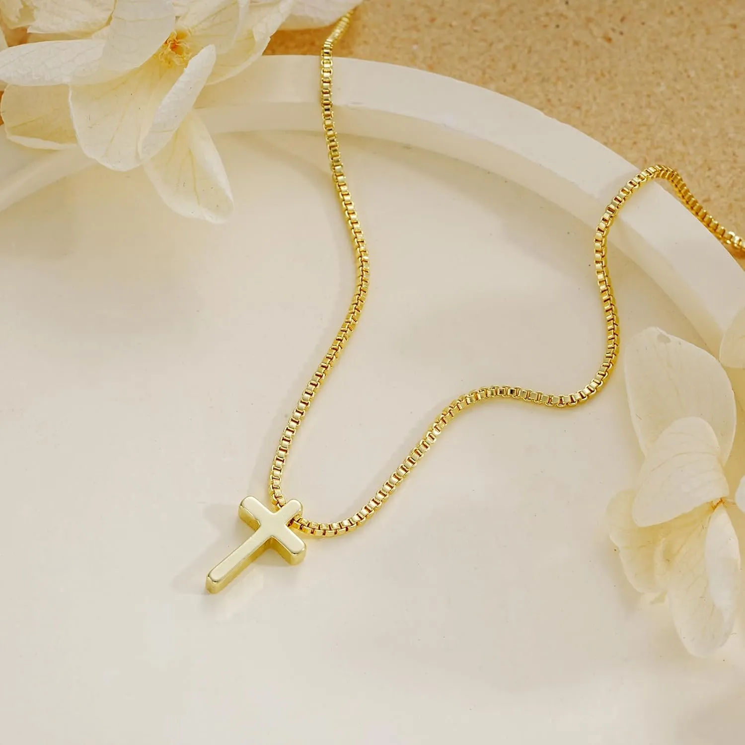 Gold Cross Necklace for Women, Trendy 14K Gold Plated Charm Box Chain Choker Dainty, Christian Religious Faith Small Cross Pendant Necklace Non Tarnish