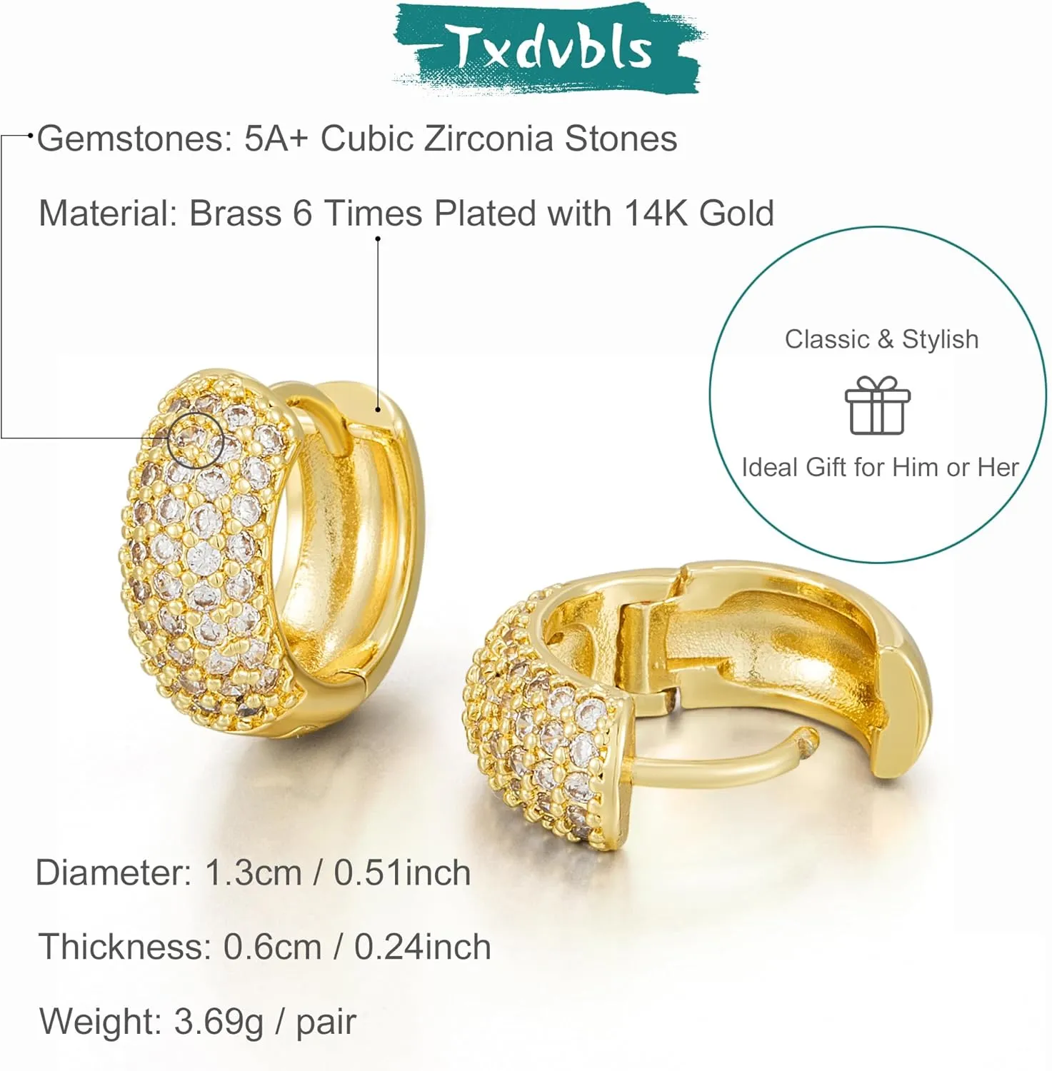 Gold Hoop Earrings for Men | 14K Gold Plated Cartilage Huggie Earrings, Hypoallergenic Lightweight CZ Inlaid with 925 Sterling Silver Posts