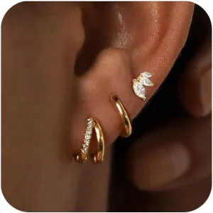 Gold Hoop Earrings Set for Women, Dainty 14K Gold Plated Small Earring, Stackable Huggie for Women (Gold 3 pairs cz2)