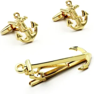 Gold Sailing Boat and Anchor Cufflinks and Tie Clip Set  Nautical Accessories for Men, Great for Yacht and Sailing Enthusiasts
