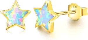 Gold Star Earrings for Girls, Hypoallergenic Fire Opal Stud Earrings For Women ARSKRO S925 Sterling Sliver Little Small Tiny Cute Earring Jewelry Gifts for Sensitive Ears Toddlers Kids