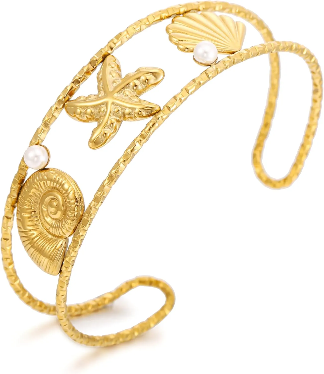 Gold Starfish Shell Coach Cuff Bangle for Women Ocean Theme Bracelet Summer Jewelry