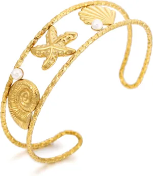 Gold Starfish Shell Coach Cuff Bangle for Women Ocean Theme Bracelet Summer Jewelry