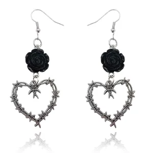 Gothic Barbed Wire Thorn Heart Earrings, Gold Silver Punk Style Large Heart Rose Earrings, Goth Black Rose Metal Mesh Dangle Drop Earrings Halloween Jewelry for Women Girls (Silver-C)