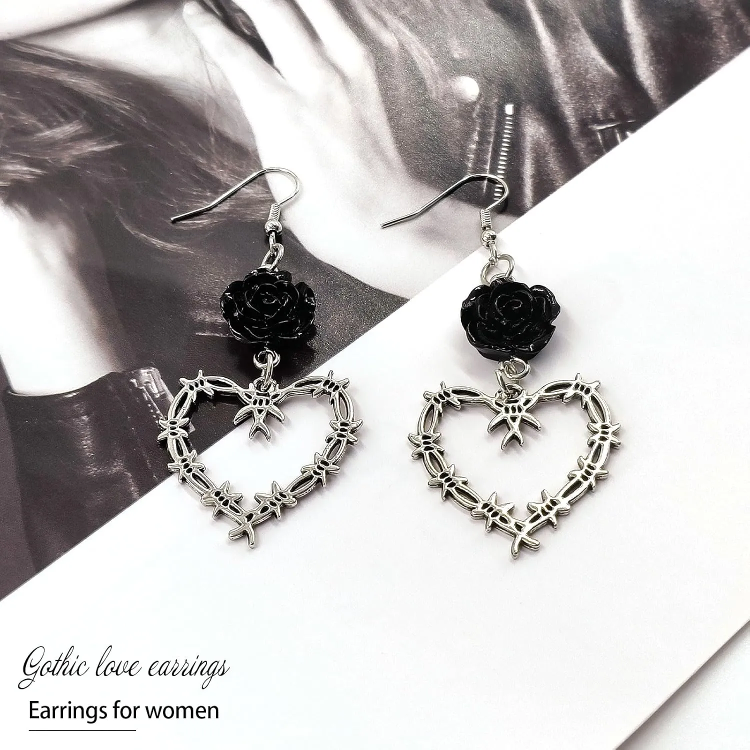Gothic Barbed Wire Thorn Heart Earrings, Gold Silver Punk Style Large Heart Rose Earrings, Goth Black Rose Metal Mesh Dangle Drop Earrings Halloween Jewelry for Women Girls (Silver-C)