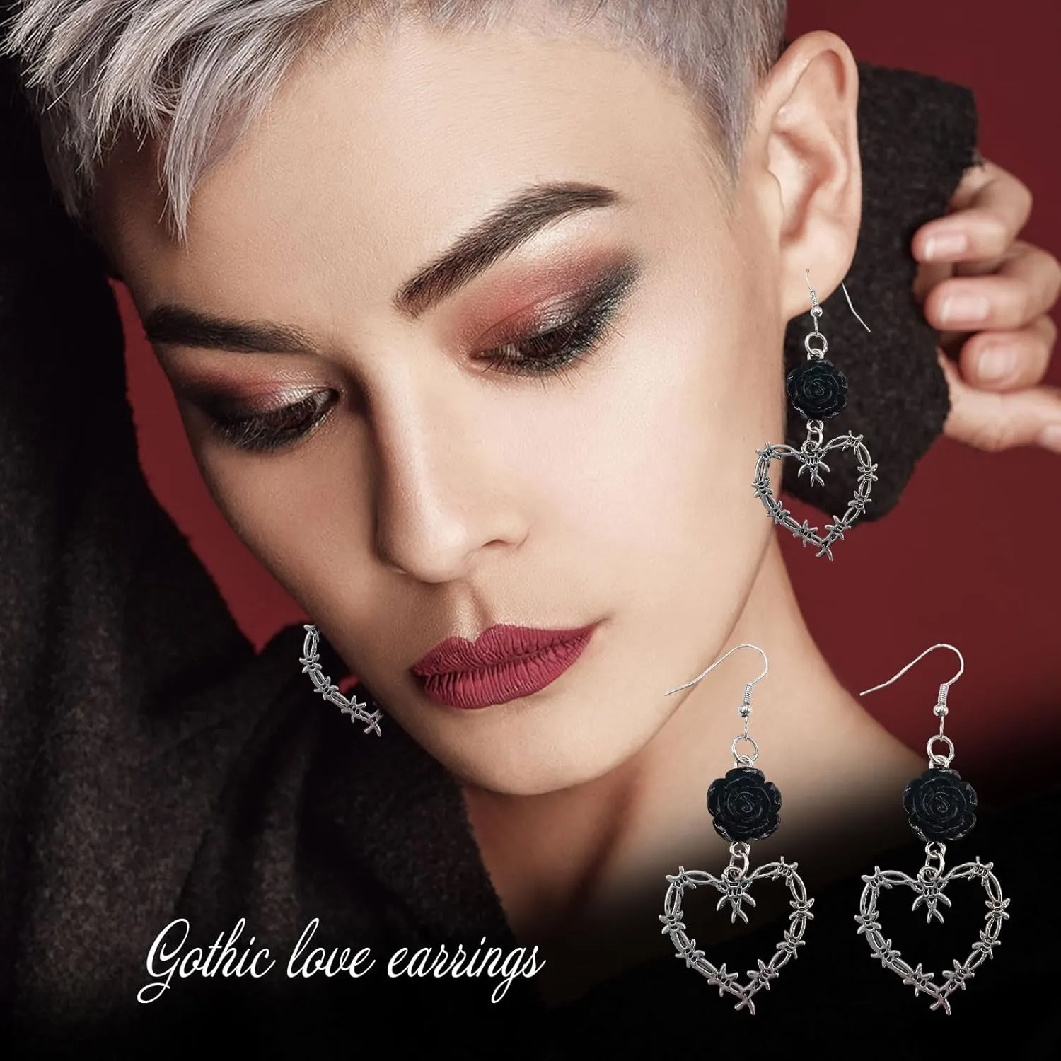 Gothic Barbed Wire Thorn Heart Earrings, Gold Silver Punk Style Large Heart Rose Earrings, Goth Black Rose Metal Mesh Dangle Drop Earrings Halloween Jewelry for Women Girls (Silver-C)