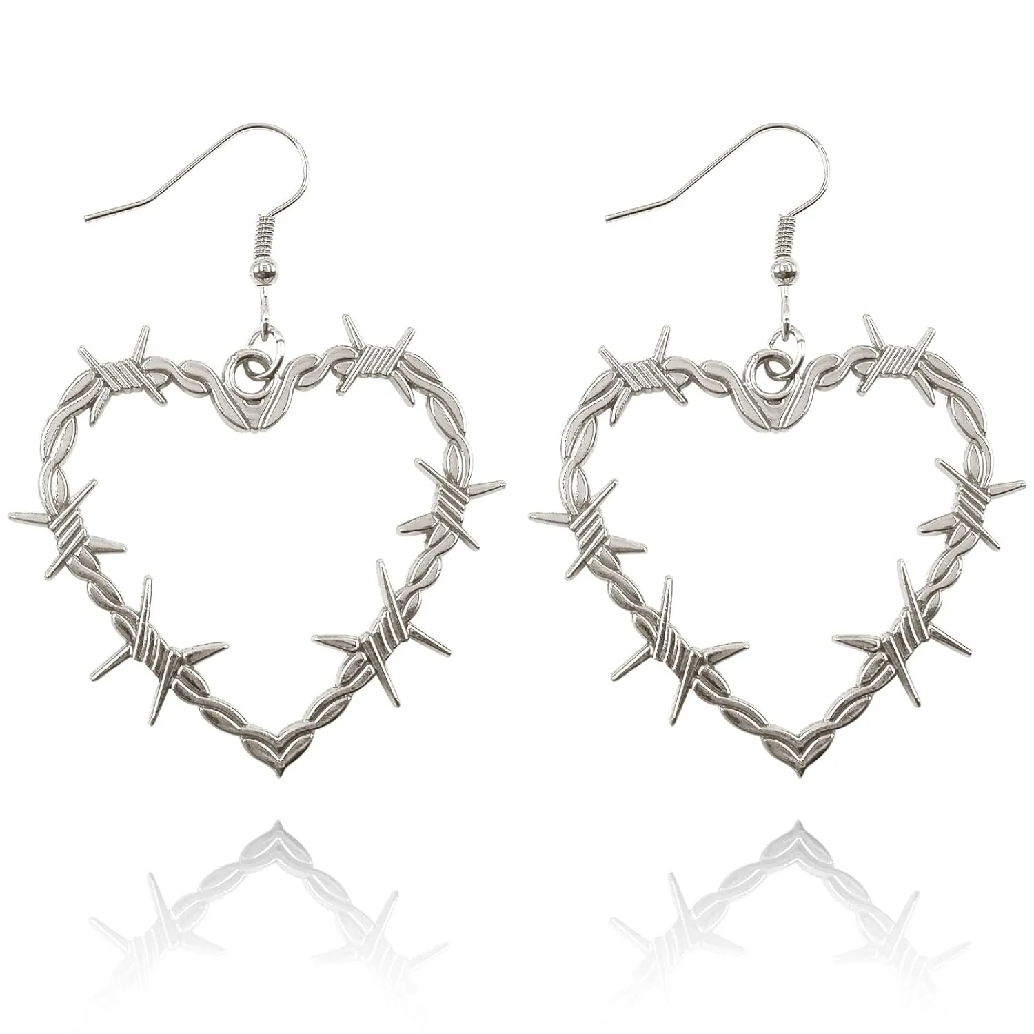 Gothic Barbed Wire Thorn Heart Earrings, Silver Love Heart Drop Dangle Earrings Goth Chunky Metal Punk Style Mesh Earrings Halloween Jewelry for Women Girls