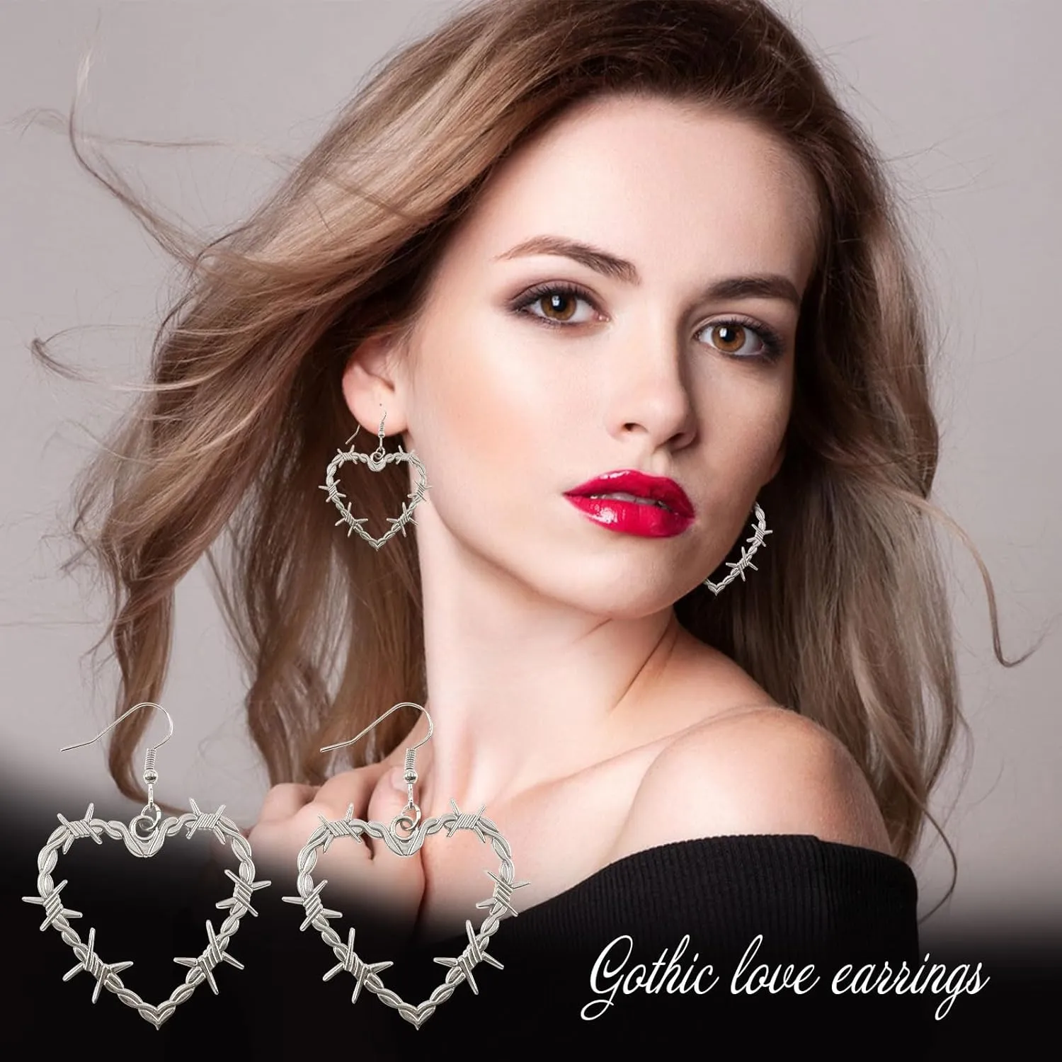 Gothic Barbed Wire Thorn Heart Earrings, Silver Love Heart Drop Dangle Earrings Goth Chunky Metal Punk Style Mesh Earrings Halloween Jewelry for Women Girls