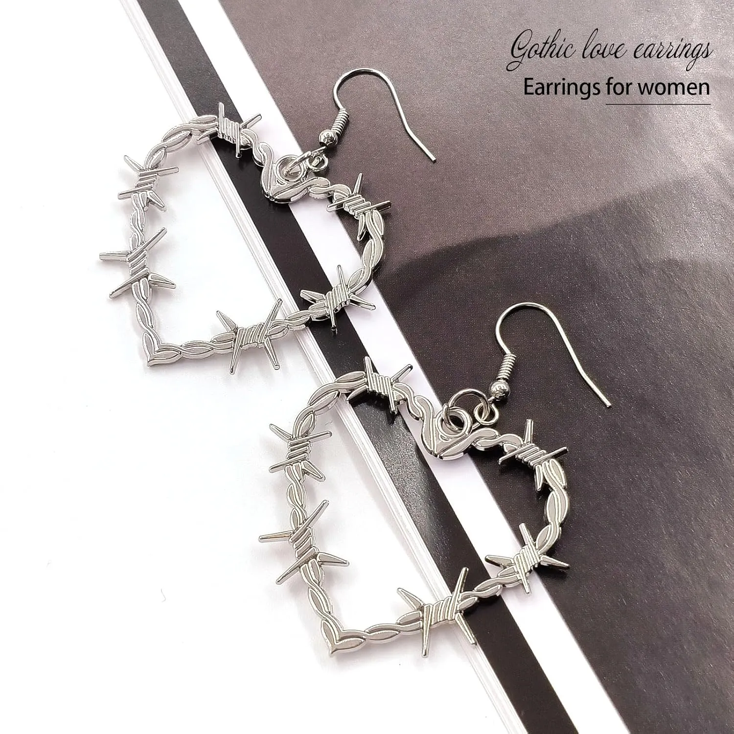 Gothic Barbed Wire Thorn Heart Earrings, Silver Love Heart Drop Dangle Earrings Goth Chunky Metal Punk Style Mesh Earrings Halloween Jewelry for Women Girls