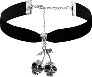 Gothic Skull Necklace Vintage Velvet Choker Black Red Cherry Skull Pendant Necklace Punk Style Rock Gothic Aesthetic Necklace Holiday Biker Jewelry Necklace